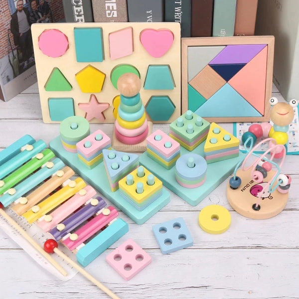 Hot Kids Montessori Wooden Toys Macaron Blocks Learning Toy Baby Music Rattles Graphic Colorful Wooden Blocks Educational Toy